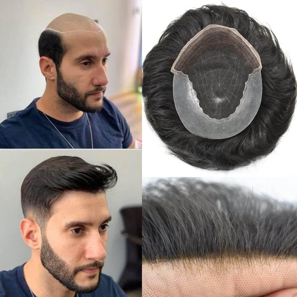 Lace front wigs for men featuring Q6 toupee and PU base, showcasing natural look and comfort for hair replacement.