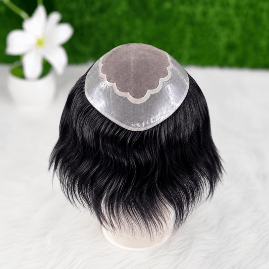 BMW breathable men's hair prosthesis toupee displayed on a mannequin with a natural wave pattern.