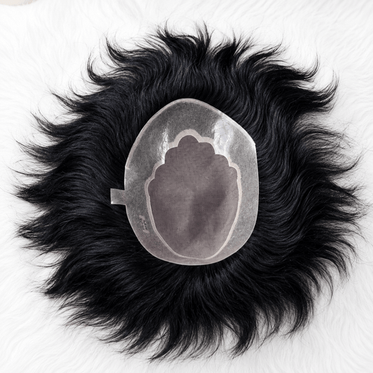 breathable men's hair prosthesis toupee displayed on soft white background.