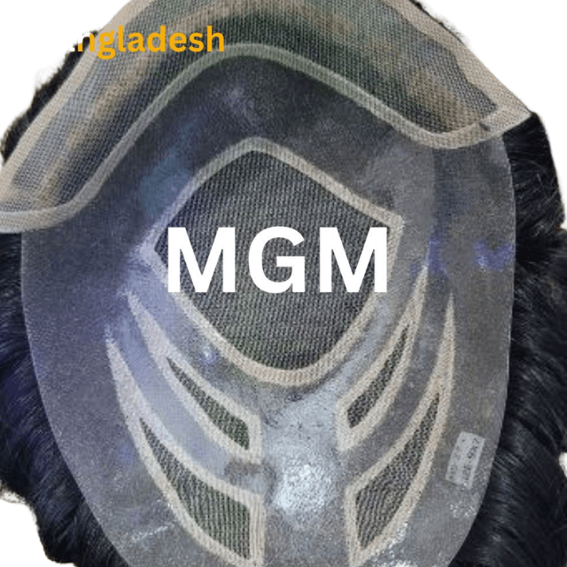 MGM model men's wig hair replacement system with detailed mesh base for natural appearance.