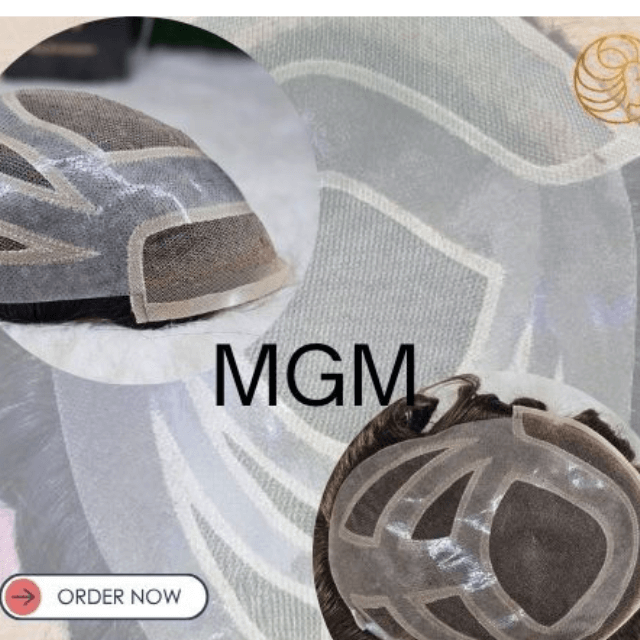 MGM model men's wig showing non-surgical hair system for men with intricate design details.