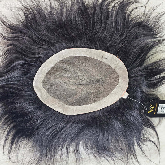 Front view of silk model hair patch for men with realistic hairline and skin-friendly base