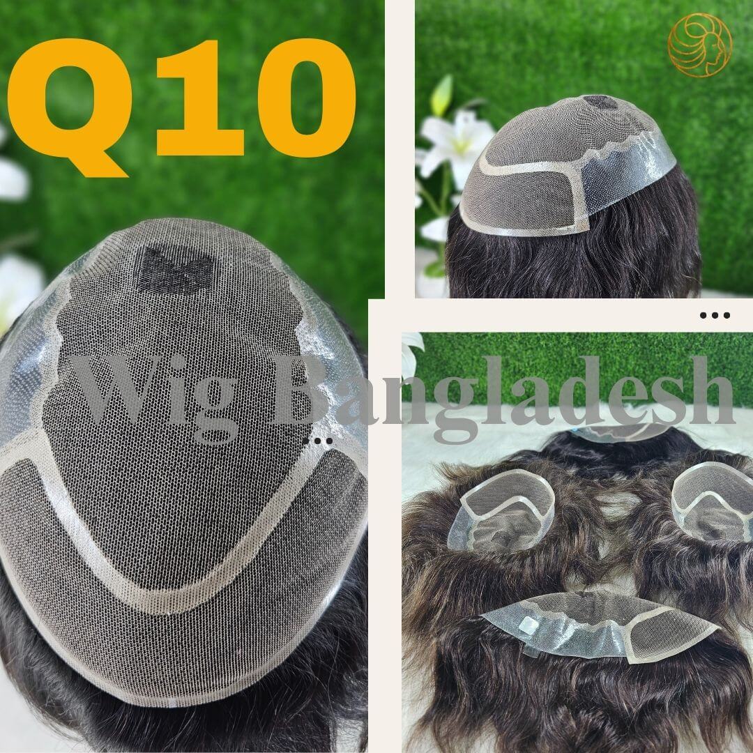 Before and after photos showing hair transformation with Q10 wig