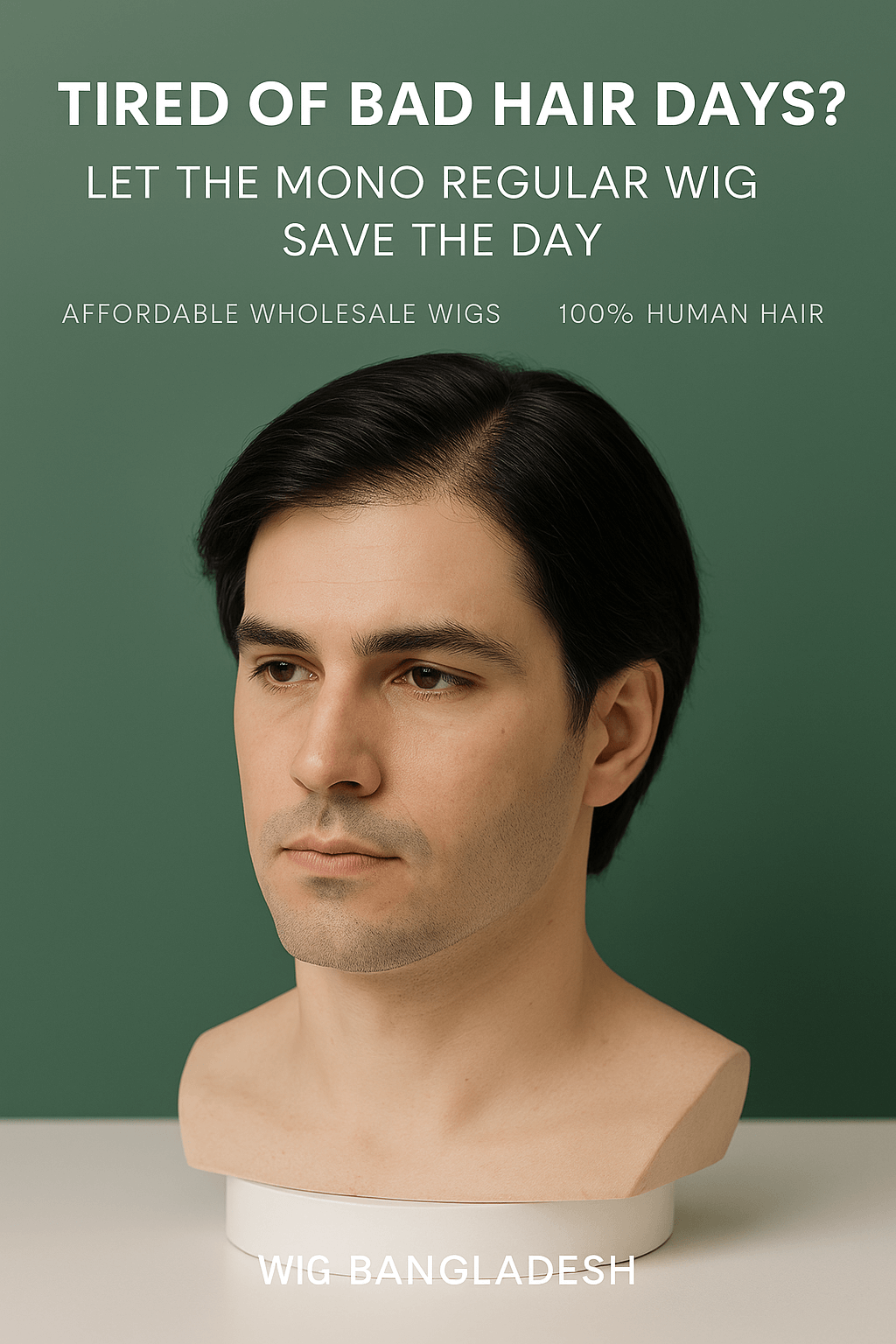 Male mannequin head wearing a natural-looking Mono Regular Wig with 100% human hair, displayed against a green background with promotional text highlighting affordable wholesale wigs by Wig Bangladesh