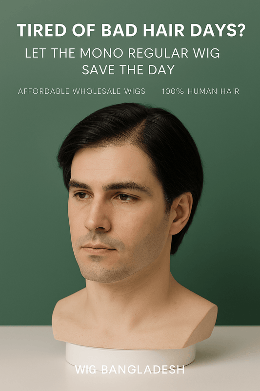 Male mannequin head wearing a natural-looking Mono Regular Wig with 100% human hair, displayed against a green background with promotional text highlighting affordable wholesale wigs by Wig Bangladesh