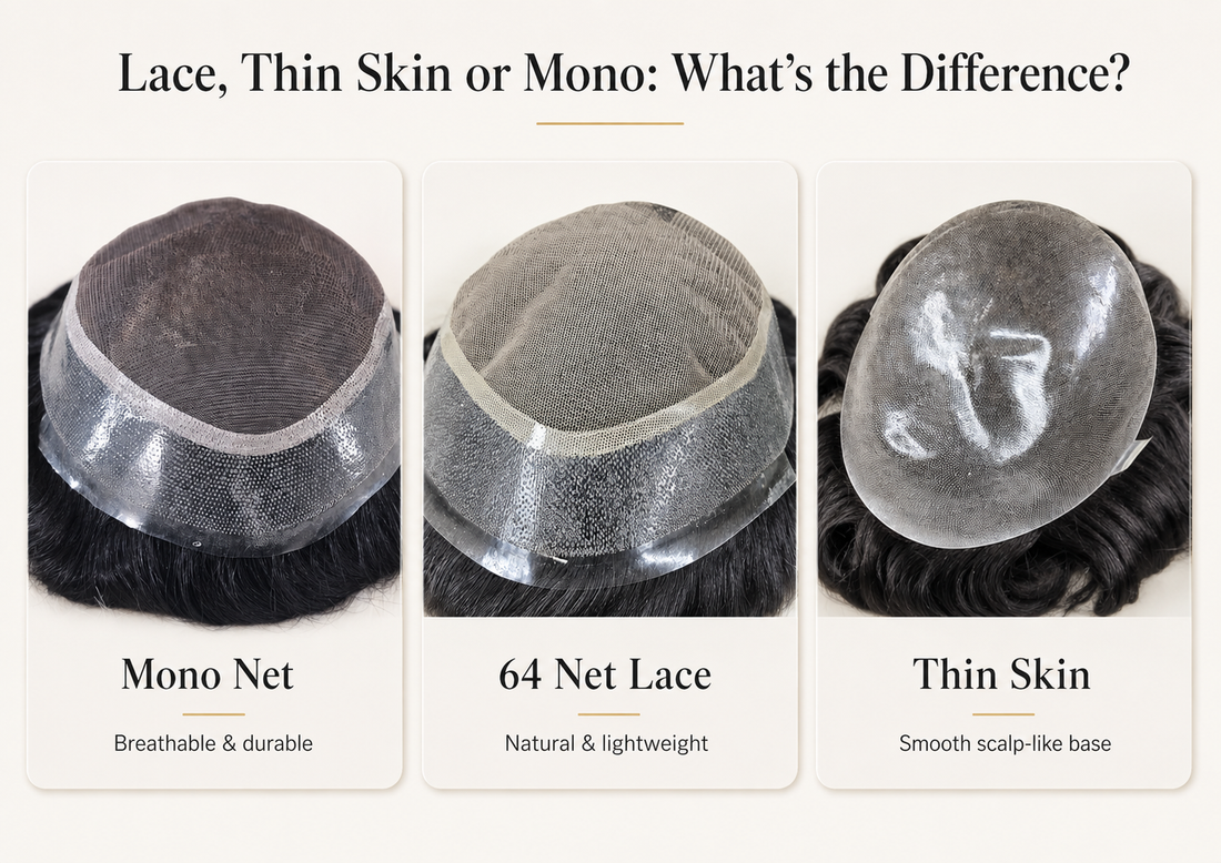 Comparison of different men's hair systems in 2026: Mono Net, 64 Net Lace, and Thin Skin options.