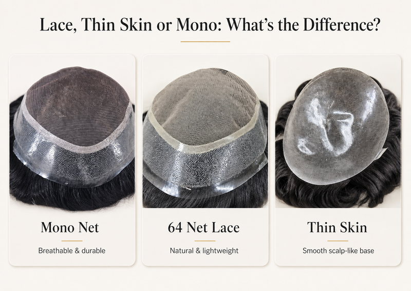 Comparison of different men's hair systems in 2026: Mono Net, 64 Net Lace, and Thin Skin options.