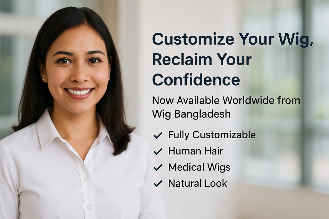 Smiling woman wearing a natural-looking custom wig, standing in an office with promotional text beside her about fully customizable medical wigs from Wig Bangladesh, available worldwide.