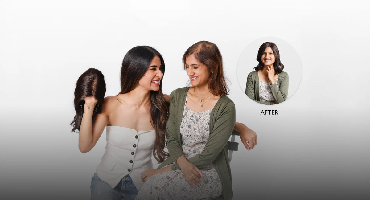 Two women comparing hairstyles with an inset showing 'AFTER' view.