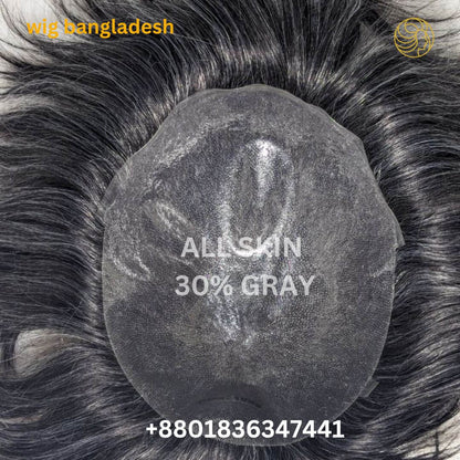 Prótese Capilar Masculina, Full Skin wig showing realistic hair texture in gray, high-quality material.