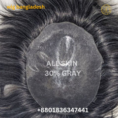 Close-up of wig cap with 'All Skin 30% Gray' text and contact information.
