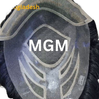 MGM model men's wig hair replacement system with detailed mesh base for natural appearance.