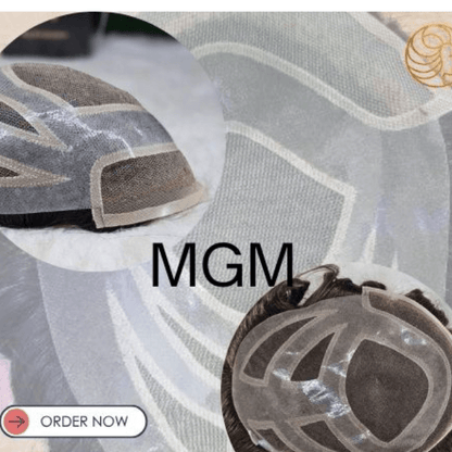 MGM model men's wig showing non-surgical hair system for men with intricate design details.
