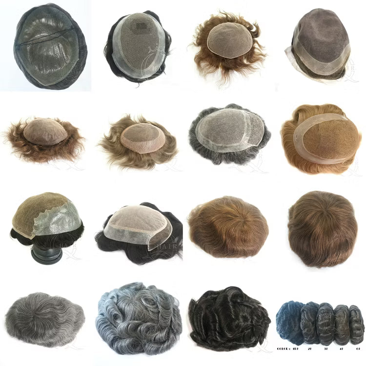 Collection of hairpieces in various styles and colors on a white background