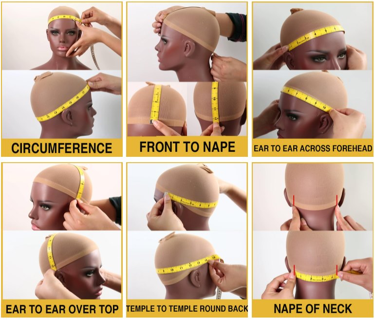 Step-by-step guide on measuring a wig cap with various measurements labeled.