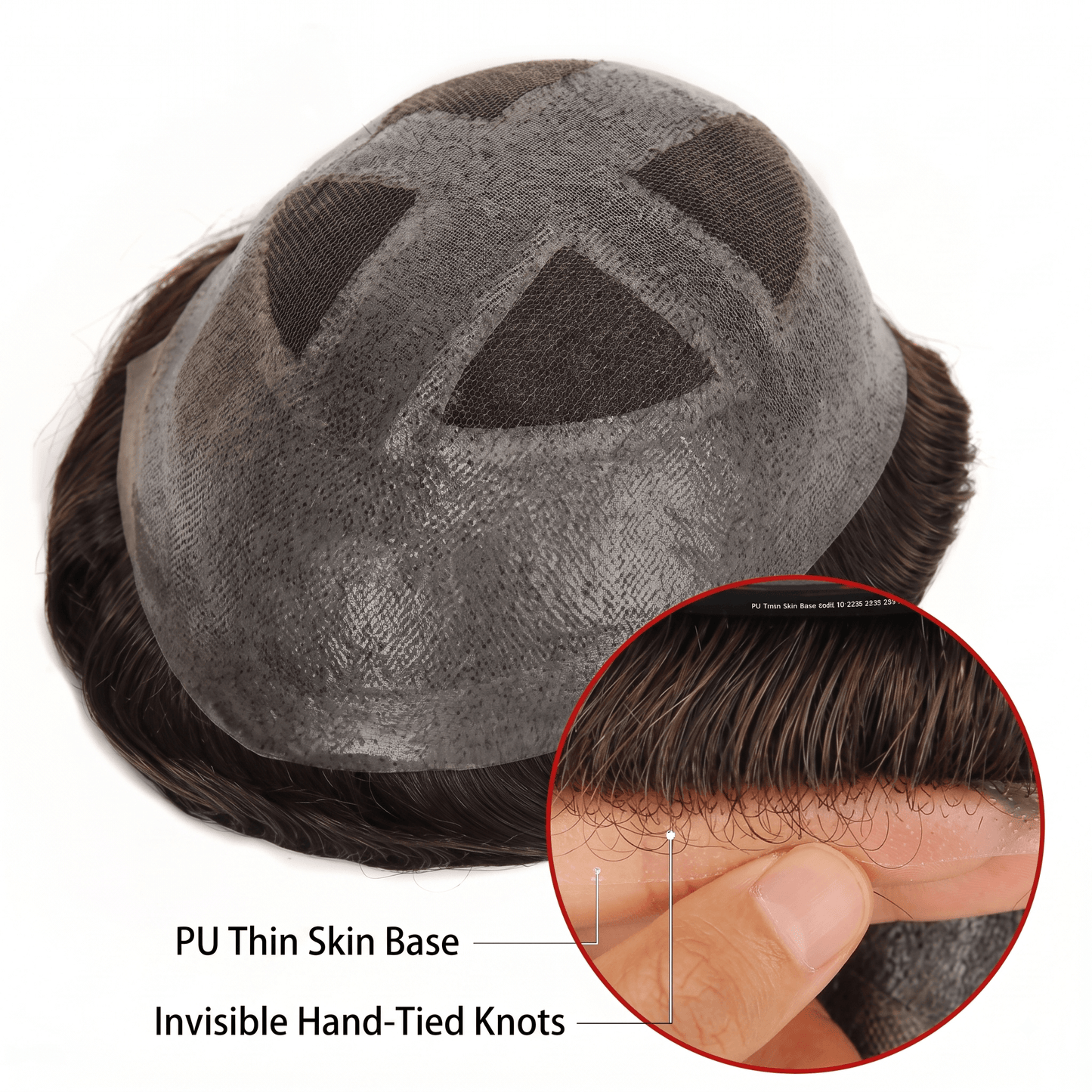 X-Top Hair System showcasing PU thin skin base and invisible hand-tied knots for premium men's toupee.