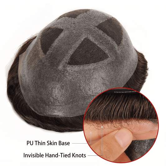 X-Top Hair System showcasing PU thin skin base and invisible hand-tied knots for premium men's toupee.