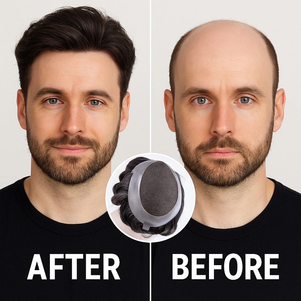 Men’s hair replacement system before and after using Australia Model wig for natural, undetectable results