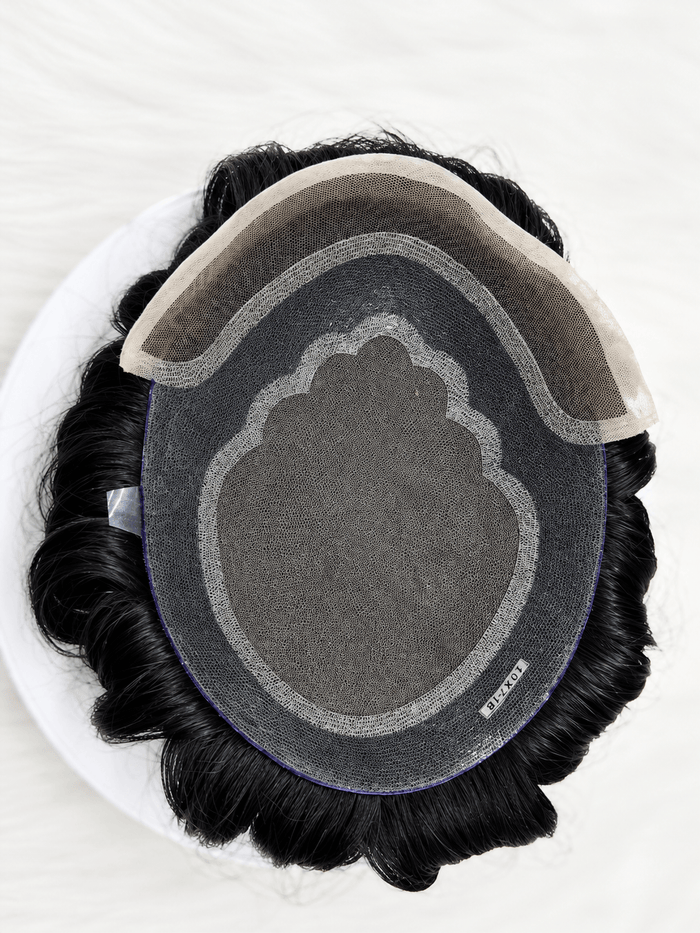 Top view of BMW Front Lace Hybrid Lace Front Hair System, a premium lace front hair system for men.