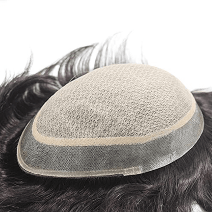 Miraz men's wig base close-up showcasing natural hair design for realistic look and durability.
