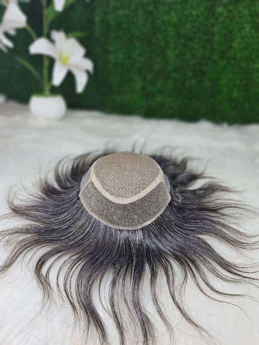 Miraz men's wig showcasing natural look and realistic hair strands on a seamless base.