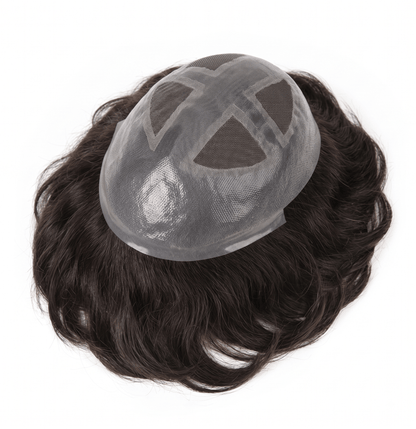Premium men's toupee showcasing a natural look and breathable mono top design.