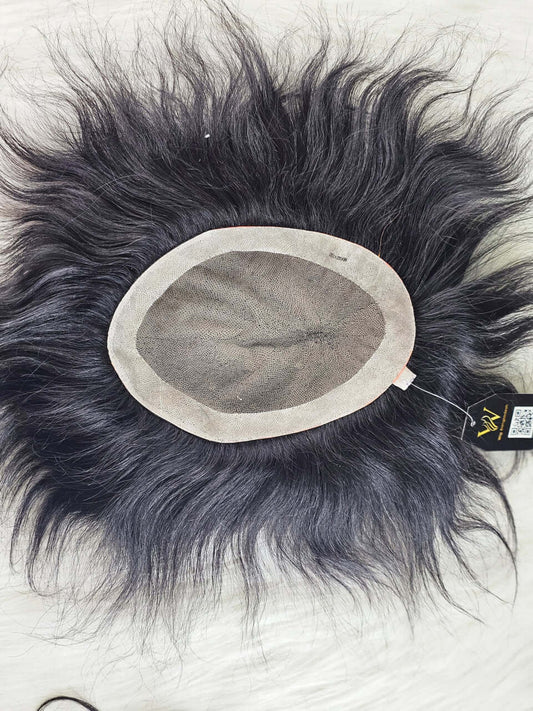 Front view of silk model hair patch for men with realistic hairline and skin-friendly base