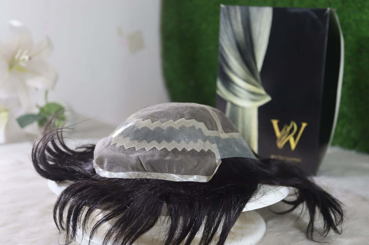 Men's Zara Wig by Wig Bangladesh, a natural human hair wig for men, displayed on a stand with packaging.