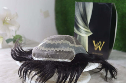 Men's Zara Wig by Wig Bangladesh, a natural human hair wig for men, displayed on a stand with packaging.