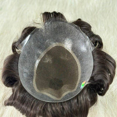 Close-up of a Swiss lace base of a wig hair system, showcasing the breathable PU perimeter, ideal for men's hair replacement.
