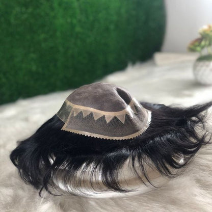 Close-up of the Zigzag Mono Hair System showing reinforced zigzag stitching and PU perimeter